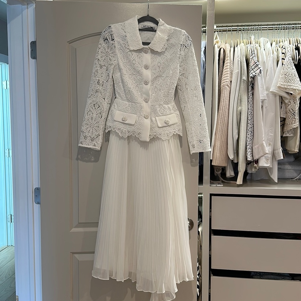 Self-portrait white guipure lace midi dress with belt